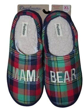 Dearfoams Size XL 11-12 Mama Bear Plaid Slippers Red Green Yellow White